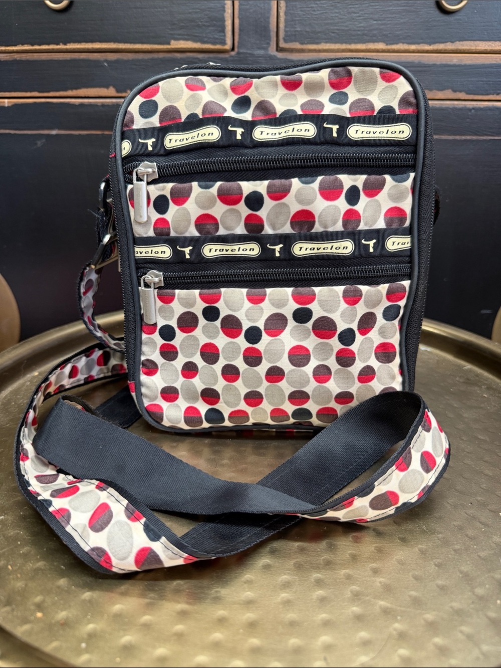Travelon Red, Black & Gray Dot Crossbody Messenger